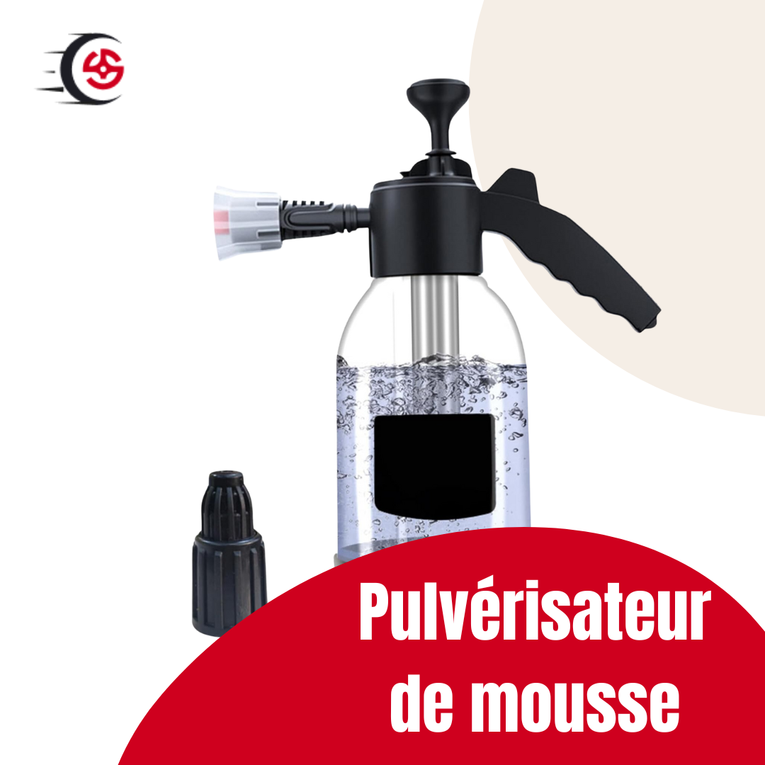 Pulvérisateur de mousse avec buse réglable et réservoir transparent pour nettoyage efficace.