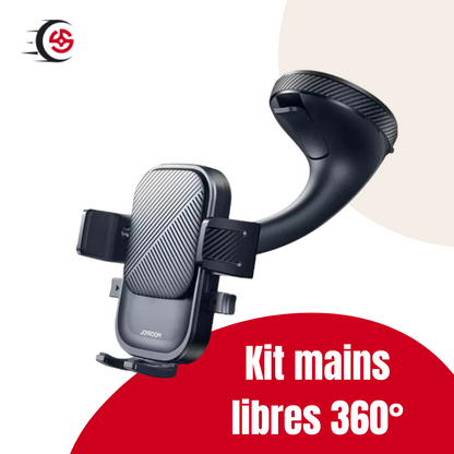 Kit mains libres 360° avec support ajustable, design ergonomique, et fixation sécurisée pour voiture.