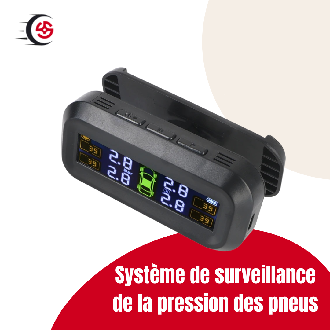 Système de surveillance de la pression des pneus avec écran LCD affichant la pression et la température des pneus.