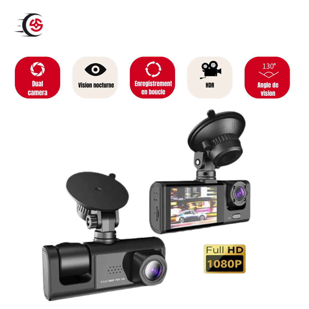 dashcam haute définition avec double caméra, vision nocturne, enregistrement en boucle, HDR, angle de vision 130°, Full HD 1080P.