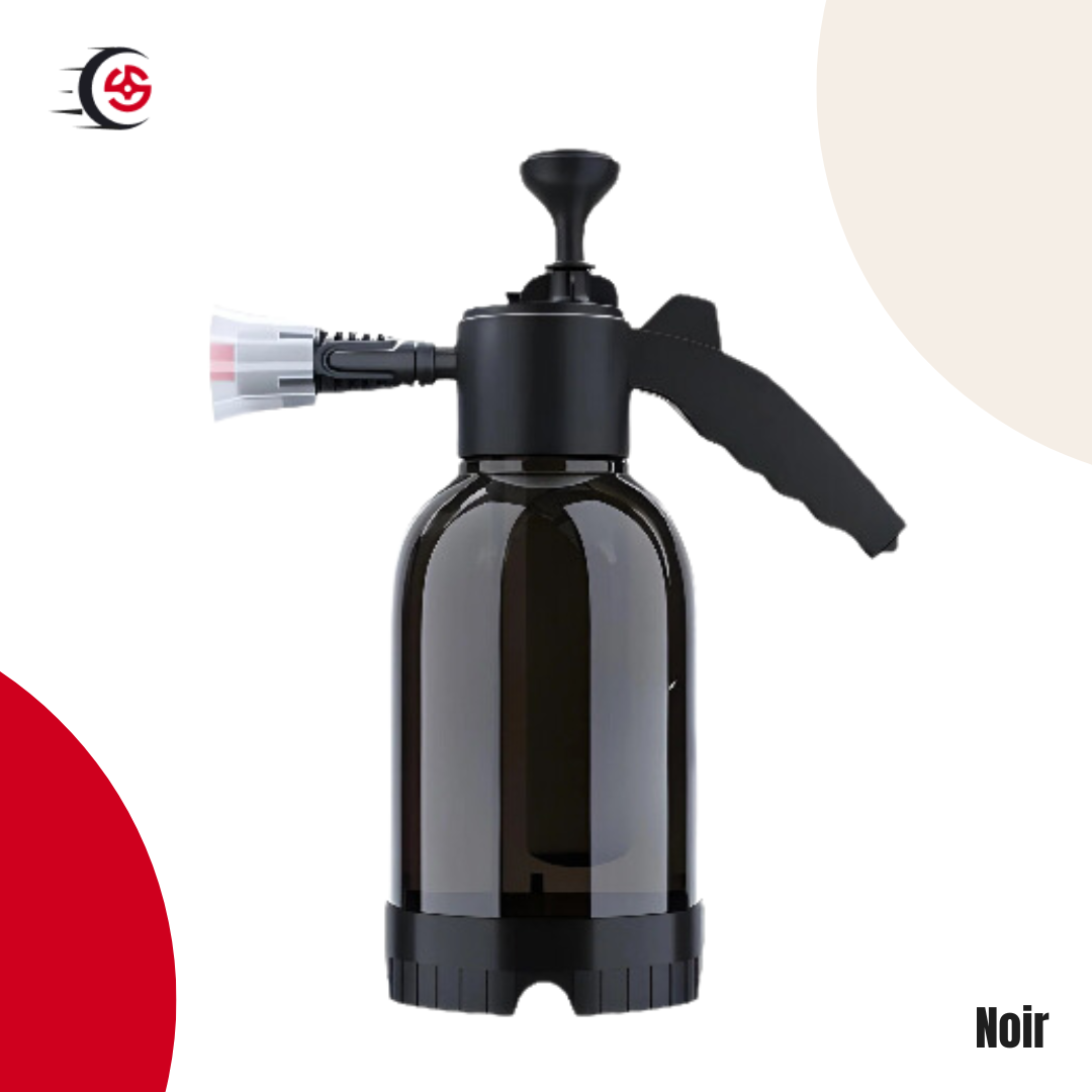 Pulvérisateur de mousse noir avec réservoir grande capacité et buse réglable.