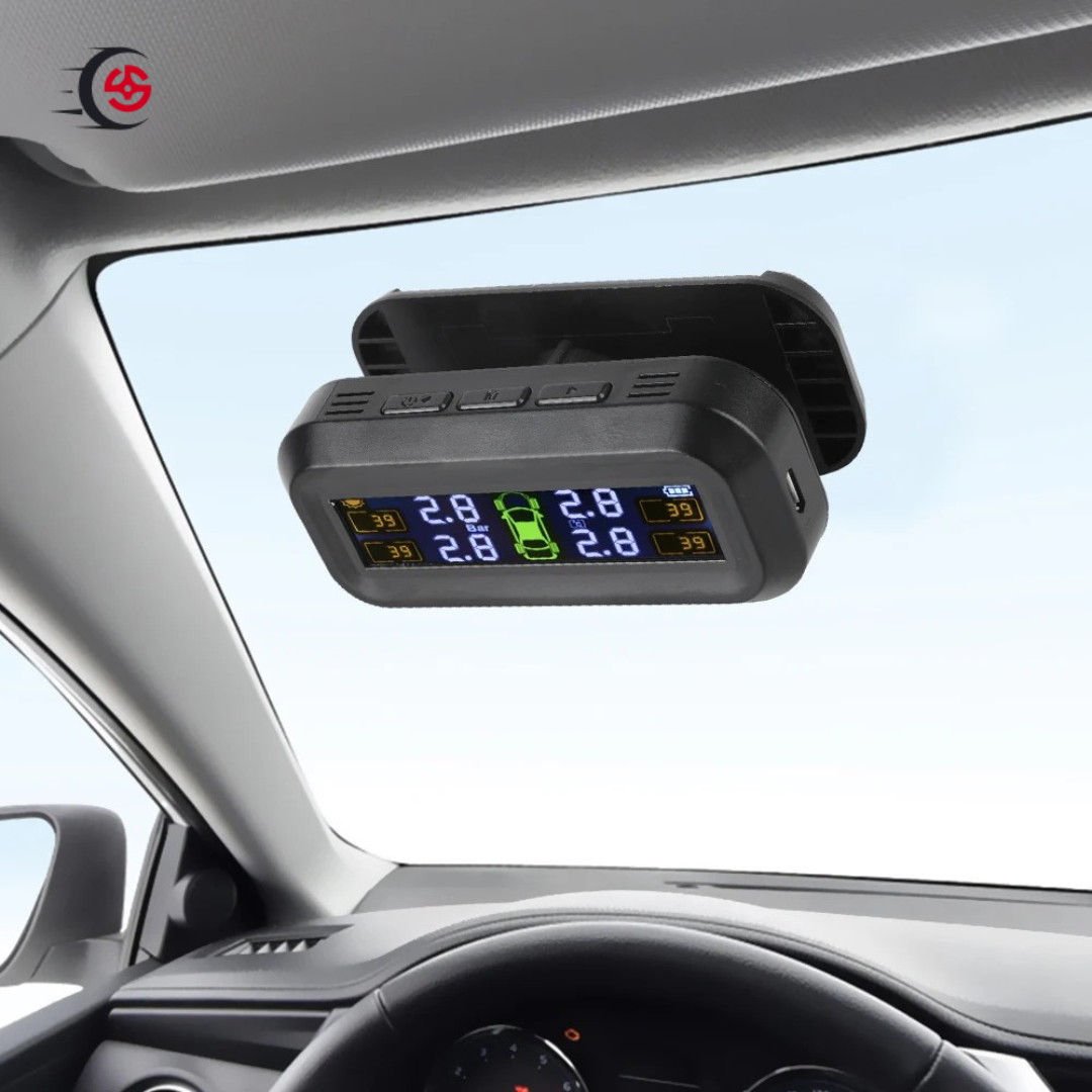 Tire pressure monitoring system with LCD screen installed in a car.