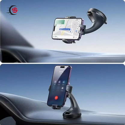 Kit mains libres 360° sur tableau de bord de voiture avec smartphone affichant navigation et appel.