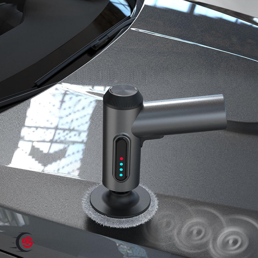 Wireless polishing machine on car surface for efficient and ergonomic detailing.